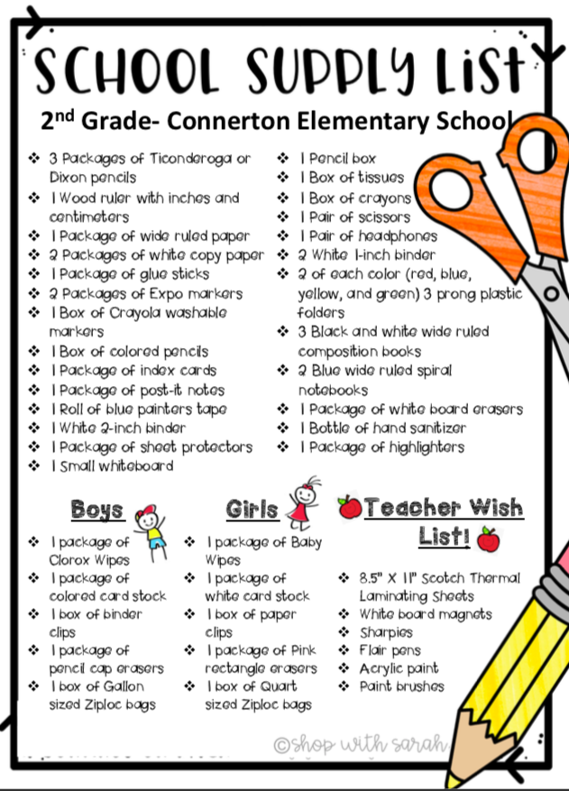 Second Grade Supply List Connerton Elementary School