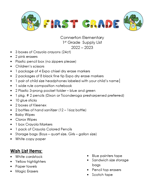 Deport Elementary School First Grade Supply List