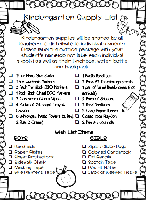 Kindergarten Supply List 20232024 Connerton Elementary School